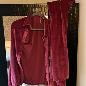 Free people cozy velvet matching set. Pants and button up long sleeve. Hot Pink